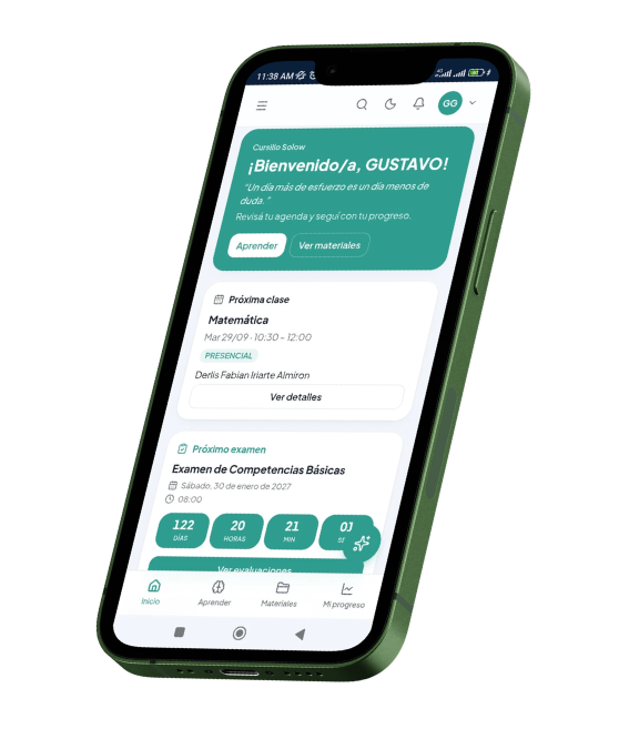 Portal del Alumno del Cursillo Solow en un celular: próxima clase, próximo examen y accesos a Aprender y Materiales